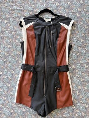 Anthropologie Black & Brown Faux Leather Sleeveless Romper Jacket